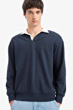 Defacto E6523 Lacivert Boxy Fit Polo Yaka Sweatshirt