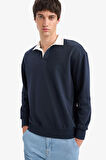 Defacto E6523 Lacivert Boxy Fit Polo Yaka Sweatshirt