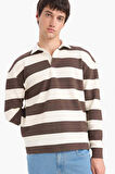 Defacto E8440 Kahve Boxy Fit Polo Yaka Çizgili Waffle Sweatshirt