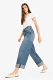 Baggy Fit Yüksek Bel Katlamalı Paça Jean Pantolon