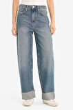 Baggy Fit Yüksek Bel Katlamalı Paça Jean Kar Yıkamalı Pantolon