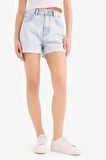 Mom Fit Yüksek Bel Katlamalı Paça Jean Şort