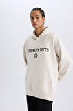 DeFactoFit NBA Brooklyn Nets Oversize Geniş Kalıp Kapüşonlu Sırt Baskılı Skuba Dalgıç Kumaş Sweatshirt D6711AX25SPBG662
