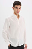 DeFacto Regular Fit Polo Yaka Keten Görünümlü Uzun Kollu Beyaz Gömlek E1204AX25SMWT32