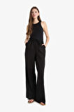 Wide Leg Çift Cepli Beli Lastikli Standart Boy Keten Karışımlı Pantolon