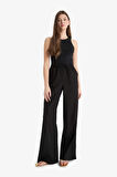 Wide Leg Çift Cepli Beli Lastikli Standart Boy Keten Karışımlı Pantolon