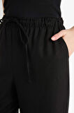 Wide Leg Çift Cepli Beli Lastikli Standart Boy Keten Karışımlı Pantolon