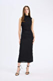 Bodycon Vücudu Saran Yarım Balıkçı Yaka Basic Düz Tül Kolsuz Maxi Elbise