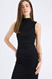 Bodycon Vücudu Saran Yarım Balıkçı Yaka Basic Düz Tül Kolsuz Maxi Elbise