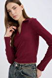 Fitted Polo Yaka Basic Düz Modal Uzun Kollu Tişört