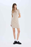 DeFacto Coool Bodycon Vücudu Saran Bisiklet Yaka Fitilli Kaşkorse Kısa Kollu Mini Elbise E7231AX25SPBG106