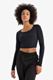 DeFactoFit Cropped Fit Bisiklet Yaka Sporcu Uzun Kollu Tişört E7282AX24WNBK81