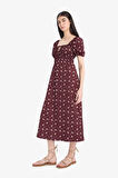 Kare Yaka Floral Bürümcük Kısa Kollu Midi Elbise