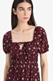 Kare Yaka Floral Bürümcük Kısa Kollu Midi Elbise