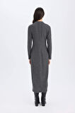 DeFacto Bodycon Vücudu Saran Basic Düz V Yaka Düğmeli Fitilli Kaşkorse Midi Uzun Kollu Elbise B3261AX24WNAR208