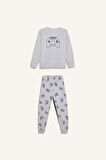 DeFacto Erkek Çocuk Kadife Pijama Takımı Bisiklet Yaka Baskılı Uzun Kollu Üst Uzun Alt D8599A824CWGR400