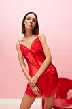 DeFacto Fall in Love 2'li Saten Pijama Takım Askılı Dantelli Tül Üst Esnek Belli Kısa Şort Alt D6407AX24WNRD59
