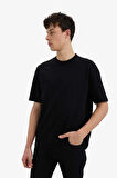 DeFacto %100 Pamuk Relax Fit Bisiklet Yaka Kısa Kollu Basic Düz Siyah Tişört D3673AX25SMBK81