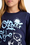 Kız Çocuk Oversize Geniş Kalıp Bisiklet Yaka Baskılı Sweatshirt