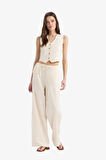 DeFacto 	Keten Karışımlı Pantolon Wide Leg Geniş Bol Paça Cepli Basic Düz Normal Bel Standart Boy D1010AX25SPER42