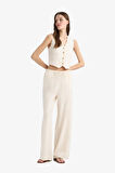 DeFacto 	Keten Karışımlı Pantolon Wide Leg Geniş Bol Paça Cepli Basic Düz Normal Bel Standart Boy D1010AX25SPER42