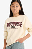 Kız Çocuk Relax Fit Bisiklet Yaka Baskılı İçi Yumuşak Tüylü Sweatshirt