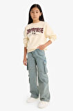Kız Çocuk Relax Fit Bisiklet Yaka Baskılı İçi Yumuşak Tüylü Sweatshirt