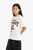 Kız Çocuk Oversize Geniş Kalıp Bisiklet Yaka Baskılı Kısa Kollu Tişört