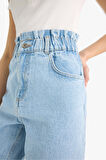 Paperbag Yüksek Bel Düz Paça Uzun Jean Kar Yıkamalı Pantolon