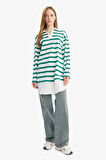 Regular Fit Polo Yaka Çizgili Uzun Kollu Sweatshirt Tunik 