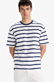 Boxy Fit Bisiklet Yaka Çizgili Kısa Kollu Tişört