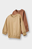 Erkek Bebek Bisiklet Yaka İçi Yumuşak Tüylü Basic Düz 2'li Sweatshirt