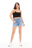 CEDY DENIM Kadın Yüksek Bel Duble Paça Kot Şort Klasik Mini Jean Şort C604