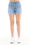 CEDY DENIM Kadın Yüksek Bel Duble Paça Kot Şort Klasik Mini Jean Şort C604