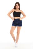 CEDY DENIM Kadın Yüksek Bel Duble Paça Kot Şort Klasik Mini Jean Şort C604