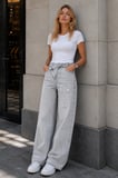 CEDY DENIM Kadın Açık Gri Asimetrik Çapraz Bel Palazzo Jean Vintage Yıkama Geniş Paça Kot Pantolon E7005