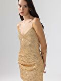 Drape Detaylı Askılı Pullu Mini Elbise - Gold