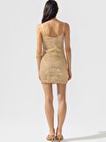 Drape Detaylı Askılı Pullu Mini Elbise - Gold