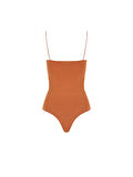 İp Askılı Degaje Yaka Bodysuit - Taba