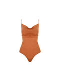 İp Askılı Degaje Yaka Bodysuit - Taba