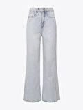 Paçaları Yırtmaçlı Yüksek Bel Wide Leg Jean - Mavi