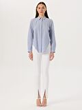 Asimetrik Kesim Düğmeli Gömlek - Mavi Çizgili