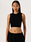 Bisiklet Yaka Kolsuz Crop Top - Siyah