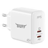 Buff BL62-2C 45W Hızlı Şarj Cihazı Dual PD Type-C Şarj Adaptörü Beyaz