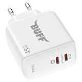 Buff BL62-2C 45W Hızlı Şarj Cihazı Dual PD Type-C Şarj Adaptörü Beyaz