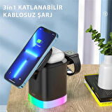 3in1 15w iPhone Airpods Watch Kablosuz Şarj Cihazı Rgb Işıklı T15