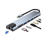 8in1 Type-C 4K Hdmi Rj45 Micro SD Tf 2xUsb3.0 2xType-C Hub Çevirici
