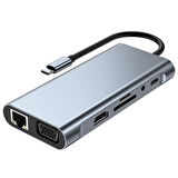 11in1 Type-c to Usb Hdmı 4xUsb Rj45 Hdmi Vga Sd Tf Card Çevirici Adaptör