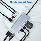 11in1 Type-c to Usb Hdmı 4xUsb Rj45 Hdmi Vga Sd Tf Card Çevirici Adaptör