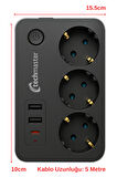 Techmaster 2 Usb + Type-C Akım ve Çocuk Korumalı 3lü Kare Priz 5mt